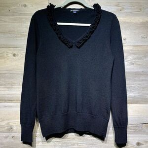 Brooks Brothers Black 100% Merino Wool Ruffled V Neck Sweater Women’s Medium